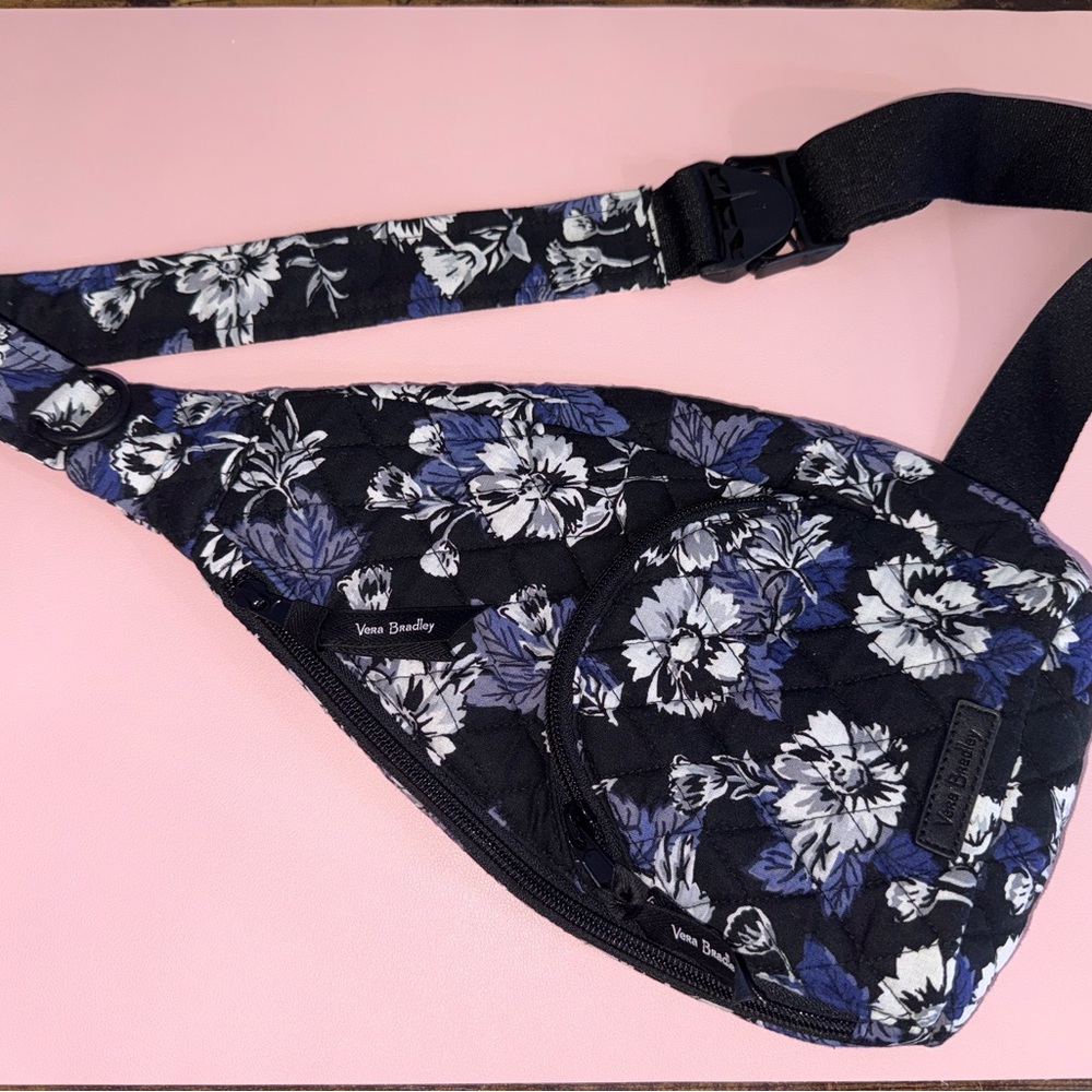 Vera Bradley Quilted Floral Sling Bag - Black, White & Blue